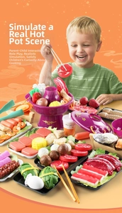Detailed set of kids pretend play hot pot toys with simulated ingredients and colorful dishes