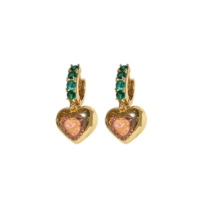 Vintage heart hoop earrings with gold plating and emerald green and pink zirconia