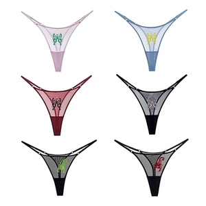 Sheer mesh thongs for women with delicate scorpion and butterfly embroidery in six colors