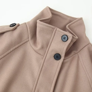 Fashionable camel wool blend short jacket featuring a stand collar and shoulder epaulettes