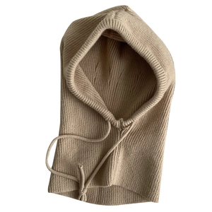 Beige knitted balaclava with adjustable drawstring, soft winter neck warmer hoodie