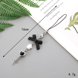 Handmade phone charm with black bow, silver heart and cross, 16cm length, 4.7g weight