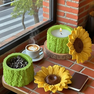 Sunflower shaped resin jar with wood grain base for candles or storage decoration