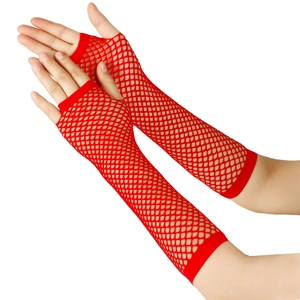 Detail of red fishnet fingerless arm warmers with flexible nylon mesh texture