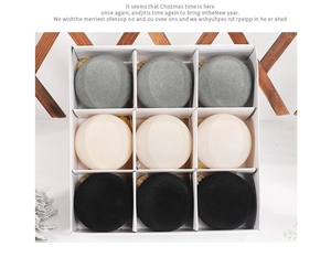 Set of nine 8cm flocked Christmas balls in grey and beige displayed in a grid gift box
