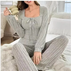Gray ribbed knit lounge set featuring square neck top with bow and wide leg trousers