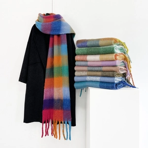Women Thickened Mohair Scarf Soft Plaid Checkered Color Block Splicing Warm Winter Shawl With Long Tassels Fashion Accessory