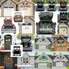 Collage of Halloween magnetic decals featuring gnomes, skulls and pumpkins on garage doors