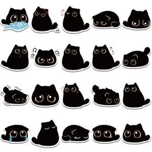 Set of 20 cartoon black cat stickers with expressive yellow eyes for DIY decoration