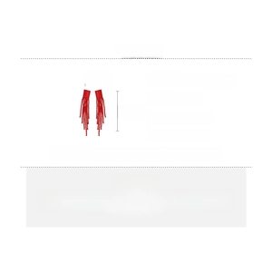Detail view of long red tassel earrings with dimensions showing 9.7cm length