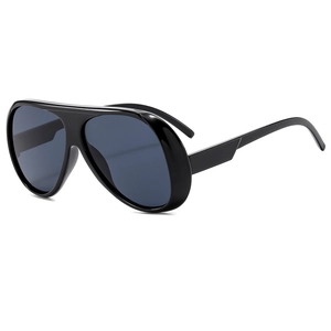 Retro oversized aviator sunglasses with black frame and dark blue lenses in a 45-degree view