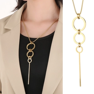 Minimalist Geometric Long Necklace Stainless Steel Triple Circular Rings And Vertical Bar Pendant Sweater Chain Women Modern