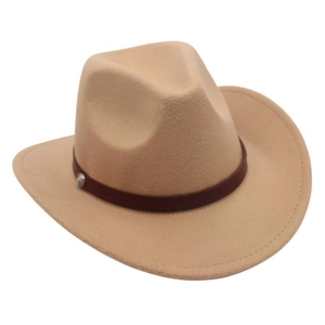 Detail of light brown wide brim wool felt cowboy hat with leather strap and silver stud