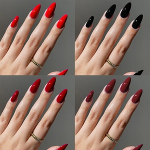 Glossy almond-shaped press-on nails in classic red, black, dark red and burgundy shades