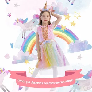 Girls Unicorn Costume Rainbow Tulle Mesh Dress With Wings And Headband For Halloween Birthday Party Cosplay