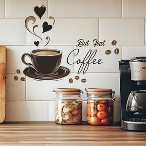 Detail showing 'But First Coffee' wall sticker with coffee cup and steam on tiles