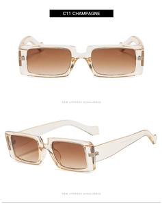 Detail view of champagne square sunglasses featuring gradient lenses and thick temples