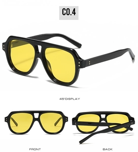 Detailed multi-angle views of retro pilot sunglasses with yellow lenses and black frame