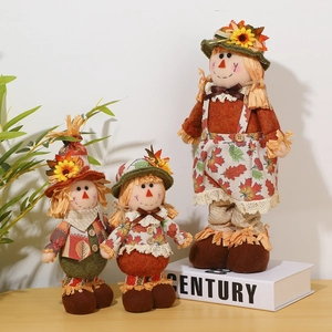 Three-piece autumn harvest scarecrow dolls set for Thanksgiving home table decoration