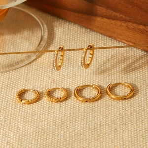 Three-piece set of 18K gold stainless steel hoop earrings with twisted and pavé textures