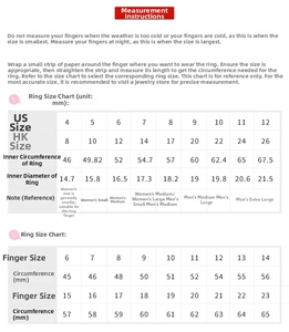 Detailed jewelry ring size chart with US and Hong Kong measurements for titanium steel bands