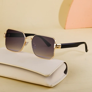Fashionable men's square gold metal sunglasses with grey gradient lenses and black temples