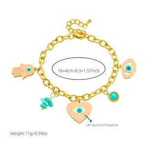 Gold plated stainless steel bracelet with pink heart and evil eye Hamsa charms