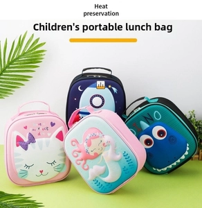Set of four cartoon insulated lunch bags featuring cat, rocket, dinosaur and mermaid designs