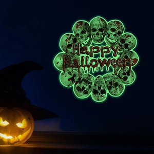 Luminous Halloween wall stickers featuring glowing skulls and Happy Halloween text
