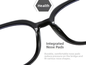 Close-up of integrated nose pads on large black frame glasses for comfort and fit