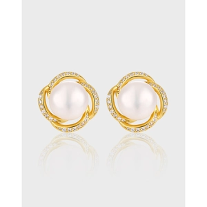 Artificial Pearl Stud Earrings With 925 Sterling Silver Earring Post Cubic Zirconia Flower Spiral Elegant Jewelry For Women