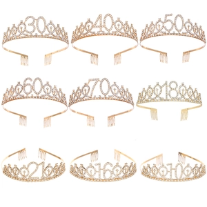 Golden birthday tiara set with crystal rhinestones featuring age numbers 16 to 70