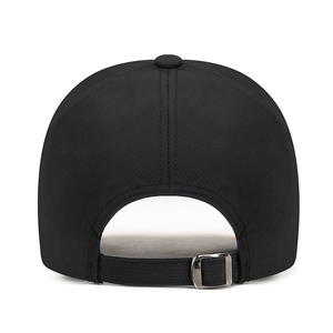 Black quick-dry mesh baseball cap rear view with adjustable metal buckle and strap
