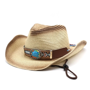 Chapeau de cowboy en paille style western avec perles turquoise et jugulaire