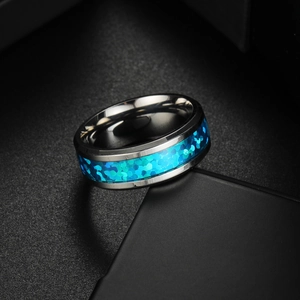 Polished silver titanium steel ring with vibrant blue opal inlay for men and women