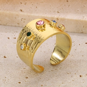 Hammered gold wide band ring with colorful zircons and adjustable bohemian geometry