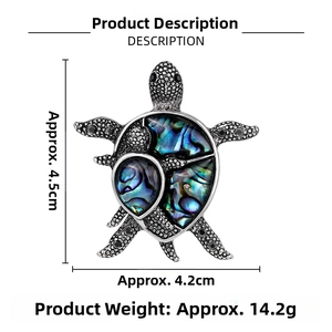 Detail view of sea turtle brooch with abalone shell, 4.5cm height and 4.2cm width dimensions