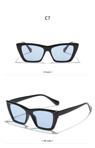 Front and 45-degree side views of black cat-eye sunglasses with light blue lenses