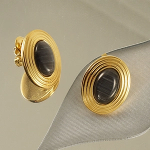 Vintage gold stainless steel earrings with grey natural stone and circular engravings
