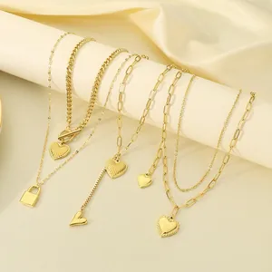 Double Layered Pendant Necklace Stainless Steel Heart Star Lock Charms Rhinestone Gold Plated Fashion Jewelry For Women