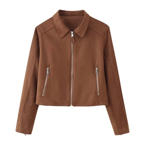 Veste En Suédine Pour Femmes Manteau Court Col À Revers Fermeture Éclair Décontracté Couleur Unie
