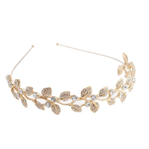 Elegant gold leaf bridal crown with sparkling rhinestones for wedding and pageant events
