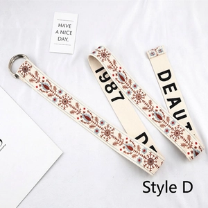 Detail of ethnic print canvas belt with red and blue floral patterns and metal D-ring buckle