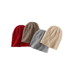 Winter knit cashmere beanies in various colors with classic cable stitch patterns