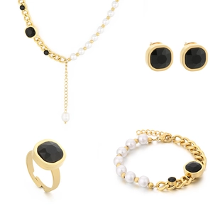 Gold set with pearl chains and black square gemstones featuring necklace, bracelet, and earrings
