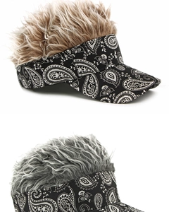 Detail showing paisley visor hats with integrated brown and grey curly wig hair styles