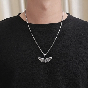 Gothic silver moth pendant necklace with skull motif and box chain for men and women