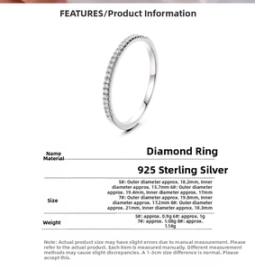 Detailed sizing chart for 925 sterling silver eternity ring including diameters and weight