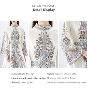 Detail showing lace stand collar and vintage floral print on the long sleeve dress