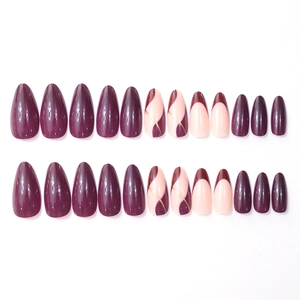 Deep burgundy and nude almond press-on nails with golden stripes and French design set